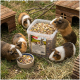 Zwei braune Kaninchen im Vordergrund neben einem klaren Behälter mit "PANTO" Nagerfutter mit bunten Pellets und Samen.