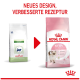 Alte weiße 'Pediatric Growth' versus neuer rosa 'ROYAL CANIN KITTEN Up to 12 months' Sack, roter Pfeil, Überschrift 'NEUES DESIGN, VERBESSERTE REZEPTUR'