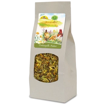 Un sac en papier de mélange d'herbes "Dottergelb-Maker" pour animaux de compagnie, avec une fenêtre transparente affichant un contenu coloré et une étiquette de poules et de fleurs.