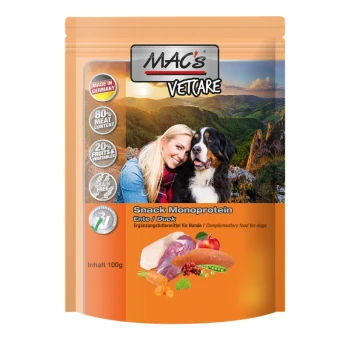 MAC's Vetcare Snack für Hunde: auf Entenbasis, 80% Fleisch, 20% Früchte/Gemüse, getreidefrei. 100g Verpackung.
