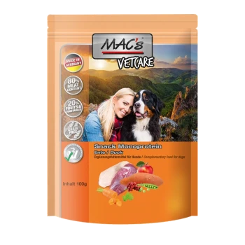 MAC's Vetcare Snack für Hunde: auf Entenbasis, 80% Fleisch, 20% Früchte/Gemüse, getreidefrei. 100g Verpackung.