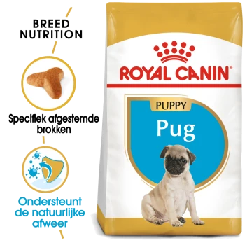 Royal Canin Puppy Pug hondenvoer zak met een afbeelding van een pug puppy, met tekst die de ras-specifieke voeding en immuunondersteuning benadrukt.