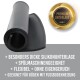Schwarze Silikonmatte mit dem Badge "Premium Unterlage", die Dicke, Spülmaschinenfestigkeit, Flexibilität und Kompatibilität mit Fußbodenheizung zeigt.
