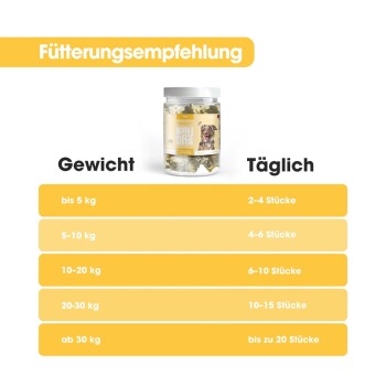 Fütterungsempfehlungen für Hundeleckerlis, die tägliche Mengen basierend auf Gewichtskategorien zeigen, mit einem Glas Leckerlis, das 'KAUDIS' beschriftet ist.