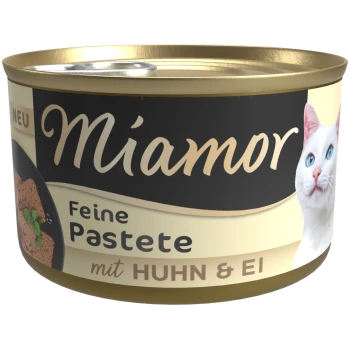 Miamor Katzenfutterdose, Feine Pastete mit Huhn und Ei, Bild einer weißen Katze mit blauen Augen auf dem Etikett.