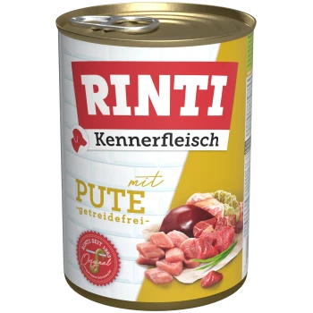Dosenfutter für Hunde, beschriftet 'RINTI Kennerfleisch mit PUTE - getreidefrei', mit Bildern von Fleischstücken und Leber auf dem Etikett.