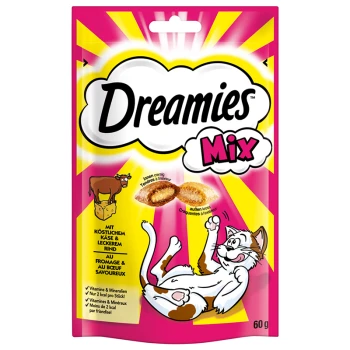 Emballage de friandises pour chats Dreamies Mix, mettant en vedette un chat joueur, avec un texte soulignant l'intérieur crémeux et l'extérieur croustillant, 60g.