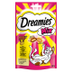 Verpakking van Dreamies Mix kattenvoer, met een speelse kat, met tekst die de romige binnenkant en knapperige buitenkant benadrukt, 60g.