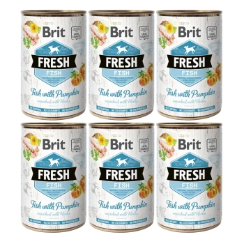 Sechs Dosen Brit Fresh Fish mit Kürbis, die ein blau-weißes Design aufweisen, mit der Aufschrift angereichert mit Kräutern, ohne Konservierungsstoffe und ohne Farbstoffe.