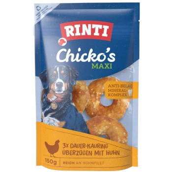 RINTI Chicko's MAXI Hundesnack-Pack mit Hundillustration, Ringkauknochen und Text 'ANTI-BELAG MINERAL-KOMPLEX'.