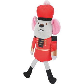 Plüsch-Maus-Spielzeug in roter Spielzeugsoldatenuniform mit hoher roter Mütze und rosa Bommel, rosa Ohren und gesticktem Gesicht.