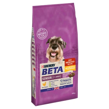 Purina Beta Senior dog food, 14kg bag, with a schnauzer and text emphasizing chicken as the main ingredient and prebiotic benefits.