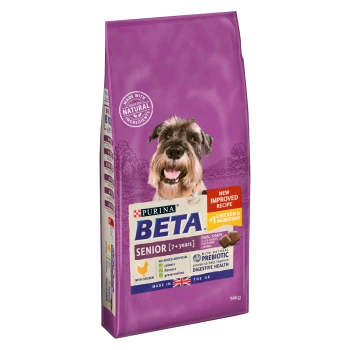 Purina Beta Senior dog food, 14kg bag, with a schnauzer and text emphasizing chicken as the main ingredient and prebiotic benefits.