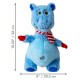 Blue plush hippo toy with green eyes, red and white striped scarf, red gloves, and size dimensions 10.25" x 8".