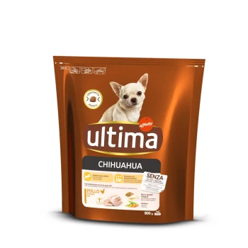 Emballage de nourriture pour chiens pour Chihuahuas, étiqueté "ultima," présentant une image de Chihuahua, taille 800g, et ingrédient "Pollo" (poulet).