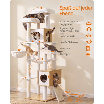 Weiß-holzfarbener mehrstöckiger Kratzbaum mit fünf Katzen; sichtbarer Text 'Spaß auf jeder Ebene' und deutsche Funktionsliste