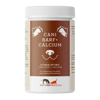 Weißes Gefäß mit braunem Etikett mit der Aufschrift 'CANI BARF+ CALCIUM', 'Vitamin Optimix' und dem FUTTERMEDICUS-Logo (Hund und Katze).
