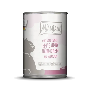 Dose Katzenfutter mit einem Etikett, das "Mjamjam Duo von zarter Ente und Hühnchen an Möhrchen" liest, mit einer Silhouette einer Katze.