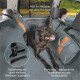 Ein schwarzer Hund sitzt auf einem grauen Autositzbezug für Haustiere mit einer Tragetasche in der Nähe. Deutscher Text erwähnt Sicherheits- und Praktikabilitätsmerkmale.