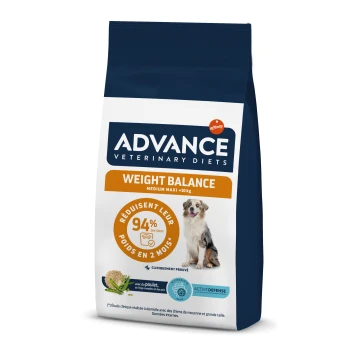 Sac de croquettes Advance Veterinary Diets Weight Balance pour chiens, présentant un chien moyen et le texte : "94% des chiens" et "réduisent leur poids en 2 mois."