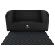 Schwarzes, gestepptes Haustiersofa mit einer abnehmbaren Matte, mit dem Logo "KNUFFELWUFFF" prominent auf der Vorderseite angezeigt.