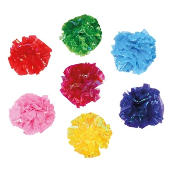 Colorful crinkle balls in red, green, blue, pink, yellow, and purple, designed as pet toys for playful interaction.