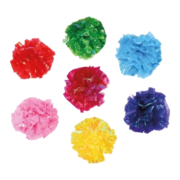 Colorful crinkle balls in red, green, blue, pink, yellow, and purple, designed as pet toys for playful interaction.