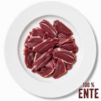 Dosen-Hundefutter mit der Aufschrift 'Ente Pur' in einem rosa Design, mit den Angaben 'hypoallergen', 'einzelnes Protein' und '100% Muskelfleisch'.