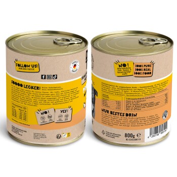 Dosen-Hundefutter mit einem beigen und gelben Etikett auf Deutsch: "100% rein, 100% echt, 100% Futter" und "Soooo lecker!" mit einem Ziehverschluss.