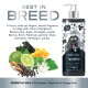 Hundeshampoo-Flasche "Best in Breed" mit schwarz-weißer Gestaltung, Cartoon-Hund und Etiketten für vegan, in Großbritannien hergestellt, pH-ausgeglichen und parabenfrei.