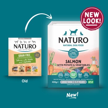 Comparison of Naturo dog food packaging showing old and new designs for grain-free salmon with potato and vegetables formula.