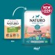 Comparison of Naturo dog food packaging showing old and new designs for grain-free salmon with potato and vegetables formula.