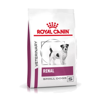 Nourriture vétérinaire Royal Canin pour chiens de petite taille, avec une image de chien noir et blanc sur l'emballage.
