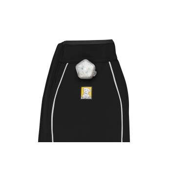 Schwarze Hundeweste mit reflektierenden Akzenten, mit einem Ruffwear-Logo und einem angebauten Licht für Sichtbarkeit.