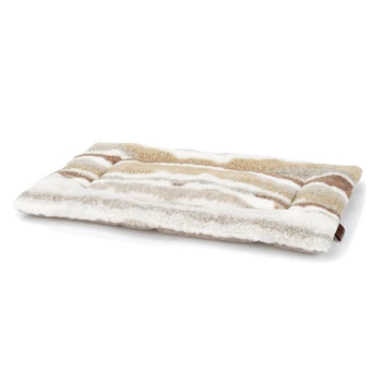 Pluszowe legowisko dla zwierząt z miękkim, paskowanym wzorem w kolorach kremowym, beżowym i jasnobrązowym, idealne dla komfortu zwierząt.