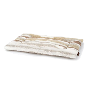 Ein plüschiges Haustierbett mit einem weichen, gestreiften Design in Creme-, Beige- und Hellbrauntönen, ideal für den Komfort von Haustieren.