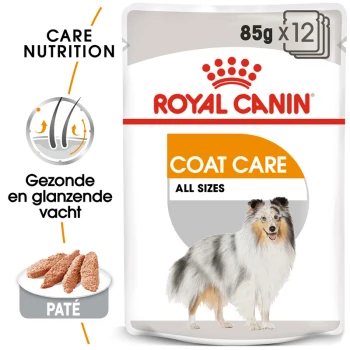 Royal Canin Coat Care huisdiervoeding verpakking, met een honden silhouet, benadrukt "Care Nutrition" en "All Sizes" met 85g x 12 porties.