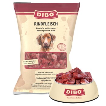 DIBO Rindfleisch-Hundefutterverpackung mit einer klaren Sicht auf die Rindfleischstücke in einer Schüssel, gekennzeichnet als fettarmes, ergänzendes Futter.
