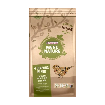 Een zak Versele-Laga Menu Nature 4 Seasons Blend vogelzaad, met een kleurrijke vogelillustratie en tekst die zegt 'Everyday Nutritious Seed Mix.'