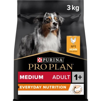 Purina Pro Plan dog food bag, 3 kg, featuring a medium-sized adult dog. Text highlights "No. 1 chicken as ingredient" and "Everyday Nutrition."