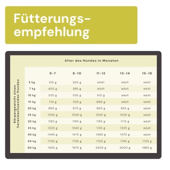 Welpen-Fütterungstabelle mit dem Titel 'Fütterungsempfehlung', die tägliche Grammangaben nach Alter des Hundes (Monate) und Körpergewicht zeigt.