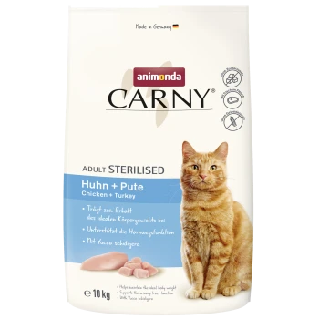 Animonda CARNY Adult Sterilised Katzenfutter-Sack, Huhn + Pute, 10 kg, orange getigerte Katze auf der Vorderseite