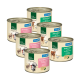 Sechs Dosen Haustierfutter mit der Aufschrift "Real Nature Original", mit Geschmacksrichtungen wie Kaninchen & Truthahn, Kalb & Huhn und Ente.