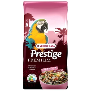 Un sac de nourriture pour perroquets Versele-Laga Prestige Premium avec un macaw coloré sur le devant, étiqueté "Mélange sans noix" et "Perroquets."