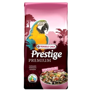 Un sac de nourriture pour perroquets Versele-Laga Prestige Premium avec un macaw coloré sur le devant, étiqueté "Mélange sans noix" et "Perroquets."