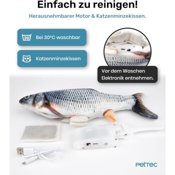 Plüsch-Katzenfischspielzeug mit abnehmbarem Motor, Katzenminze-Täschchen, USB-Ladegerät. Waschbar bei 30°C; Elektronik vor dem Waschen entfernen.