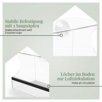 Bild eines transparenten Haustierzubehörs mit Text, der die Funktionen hervorhebt: "Stabile Befestigung mit 3 Saugnäpfen" und "Löcher für Luftzirkulation."