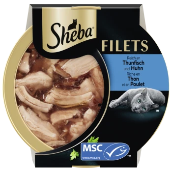 Barquette de nourriture pour chats Sheba Filets montrant des filets de thon et de poulet, image d'un chat gris, textes 'Filets' et 'Thunfisch und Huhn', logo MSC.