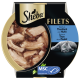 Sheba Filets Katzenfutter‑Schale mit Thunfisch‑ und Hühnerfilets, Graukatze abgebildet, Schriftzug 'Filets' und 'Thunfisch und Huhn', MSC‑Logo