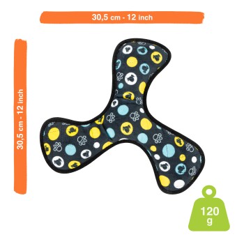 Ein buntes Hundespielzeug in Form eines Bumerangs, 30,5 cm (12 Zoll) lang und 120 g schwer, mit schwarzem Hintergrund und Punkten.